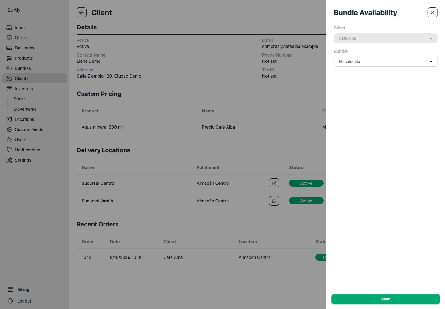 Bundle Availability drawer offering Kit cafetería to Café Alba