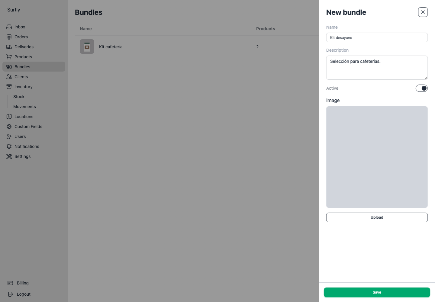 New bundle form with name, description, photo and active controls