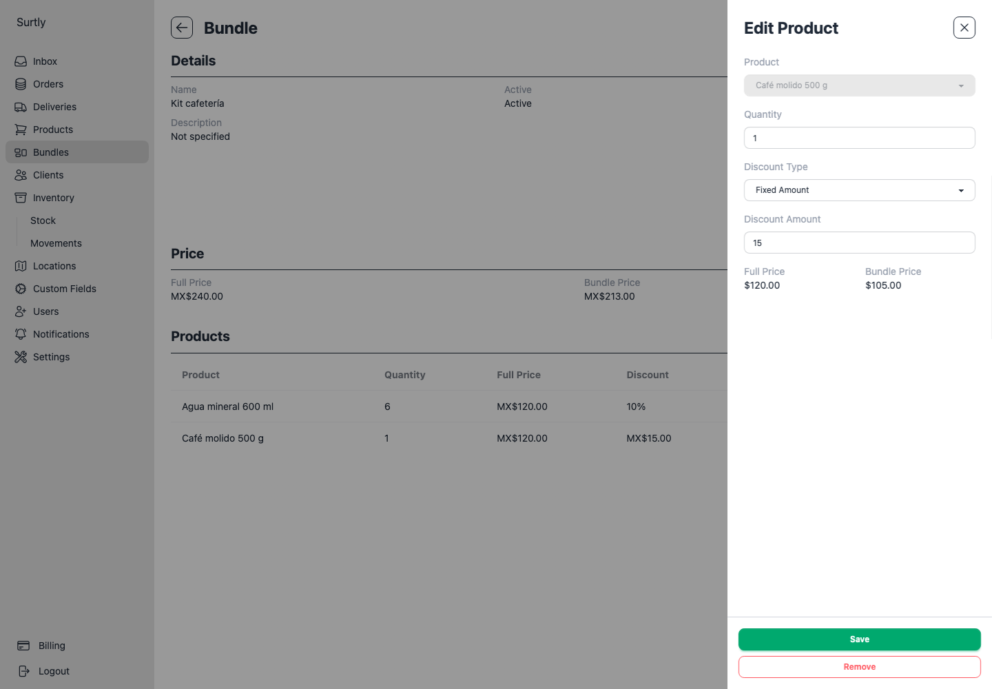 Bundle component editor with a fixed discount of MXN 15 on coffee
