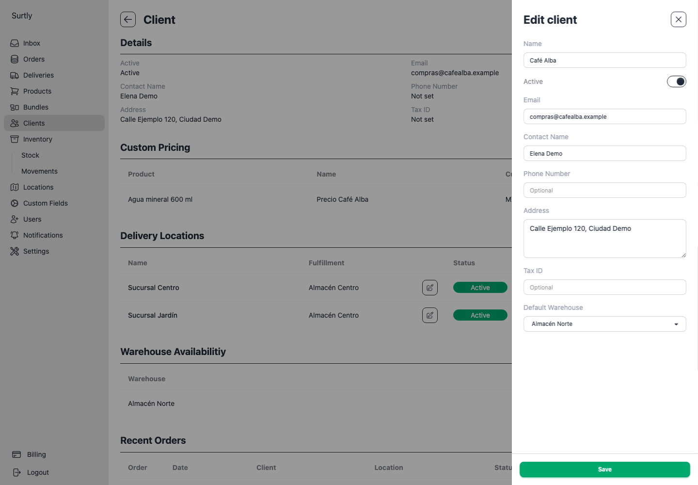 Client editor with Almacén Norte selected as the default warehouse