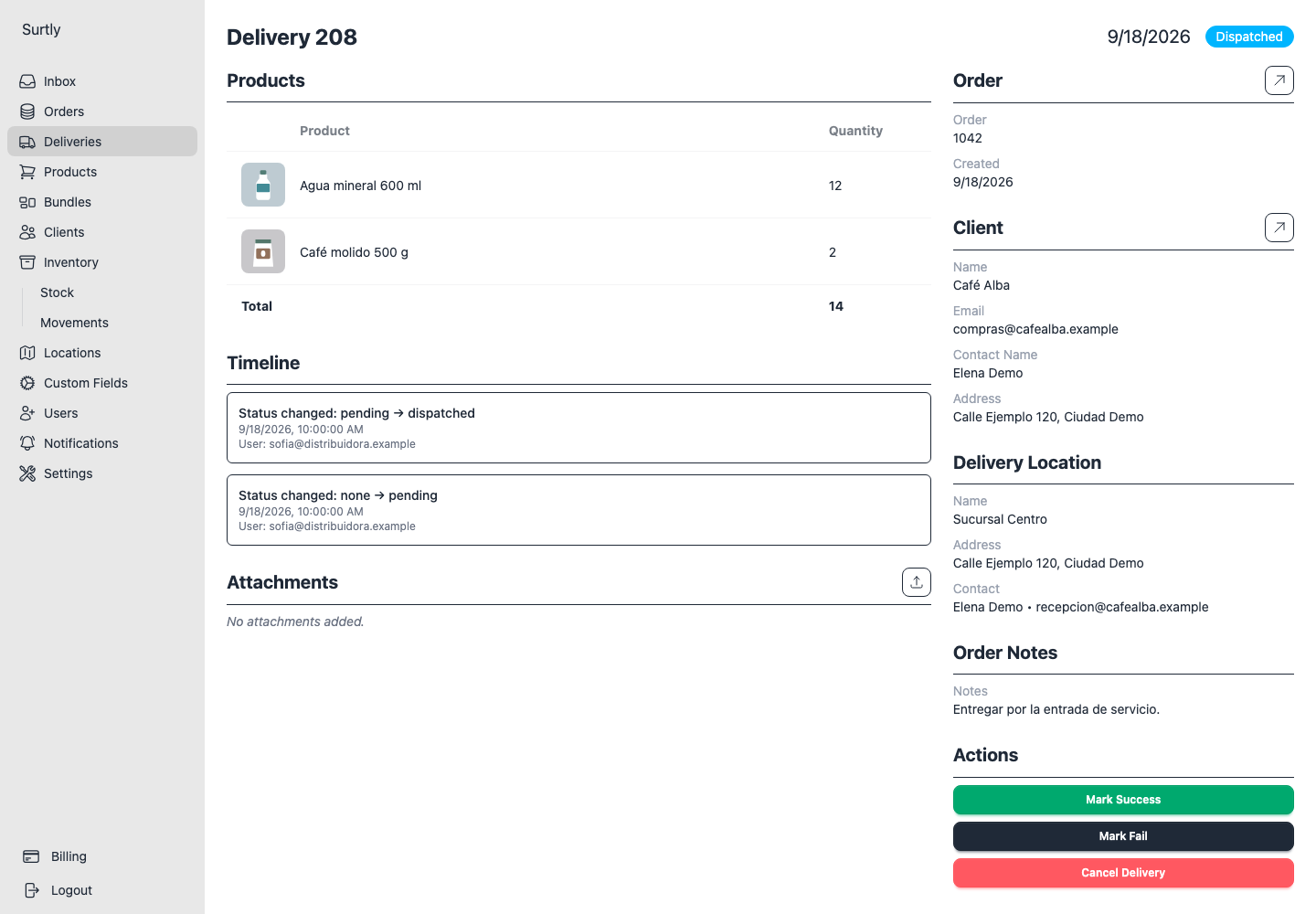 Fictional delivery 208 dispatched for Café Alba, with its product list and timeline