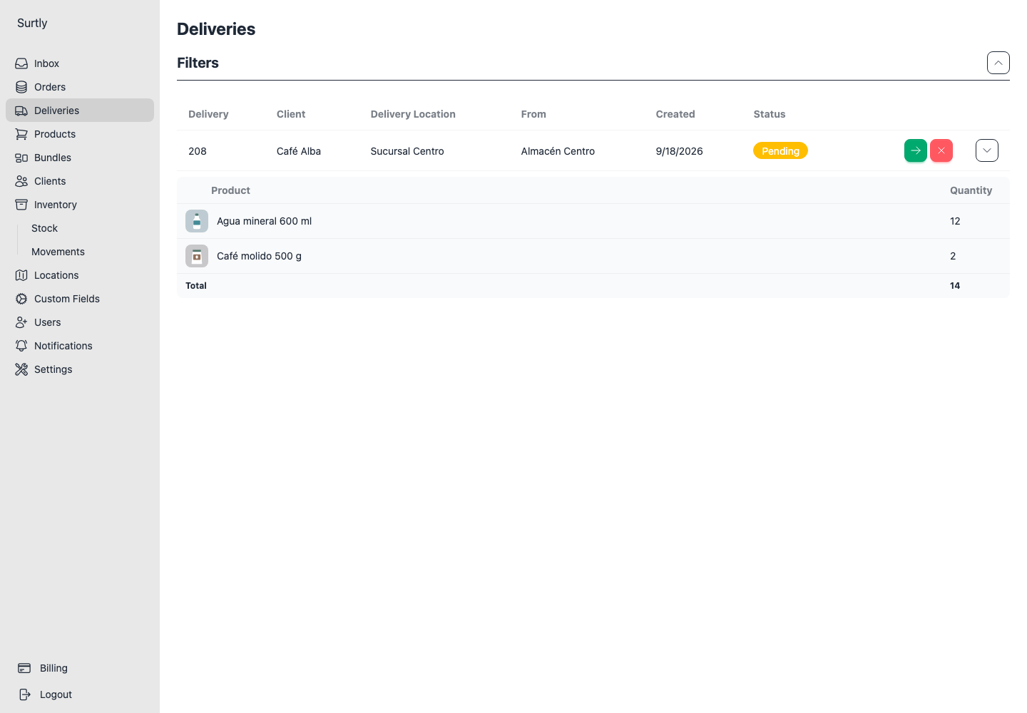 Delivery list with expanded product quantities and row status actions