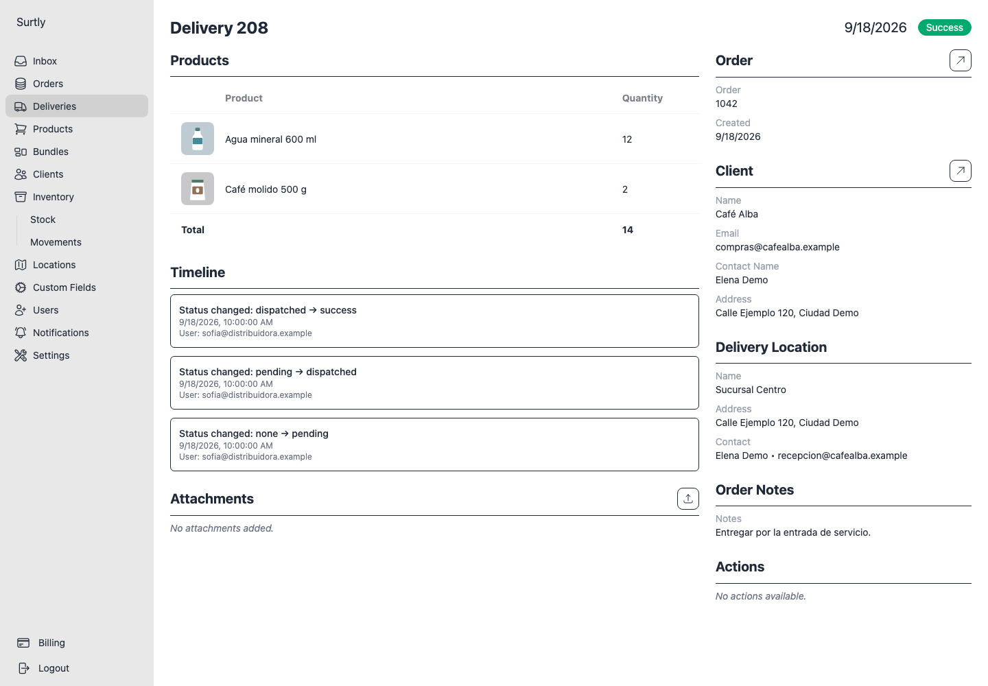 Delivery 208 marked Success with updated timeline