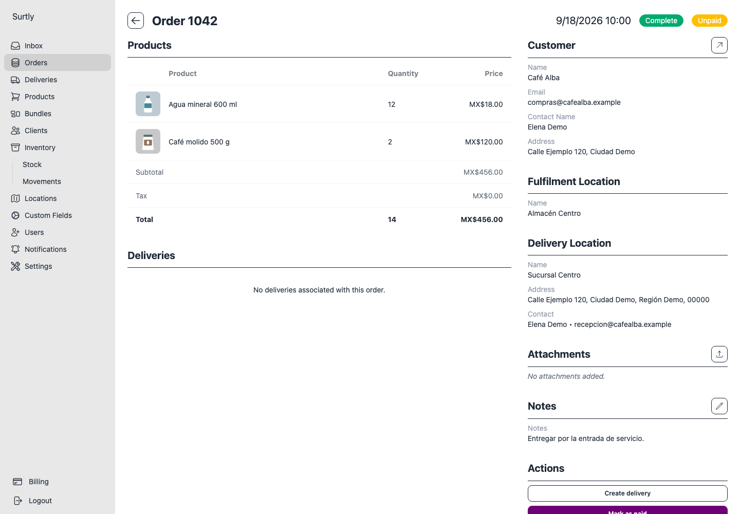 Pedido preparado con la acción Create delivery disponible