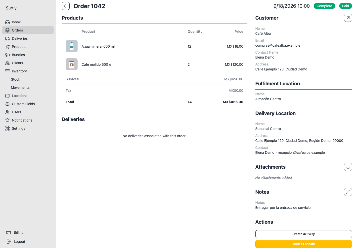 Order after recording a manual payment, with Mark as unpaid available