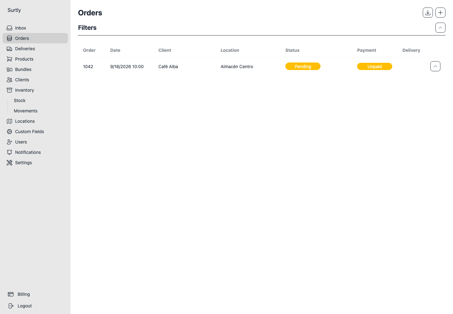 Lista de pedidos con cliente, almacén, estado y filtros