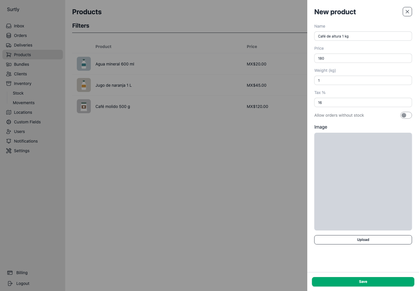 Panel de producto nuevo con café ficticio, precio, peso e impuesto