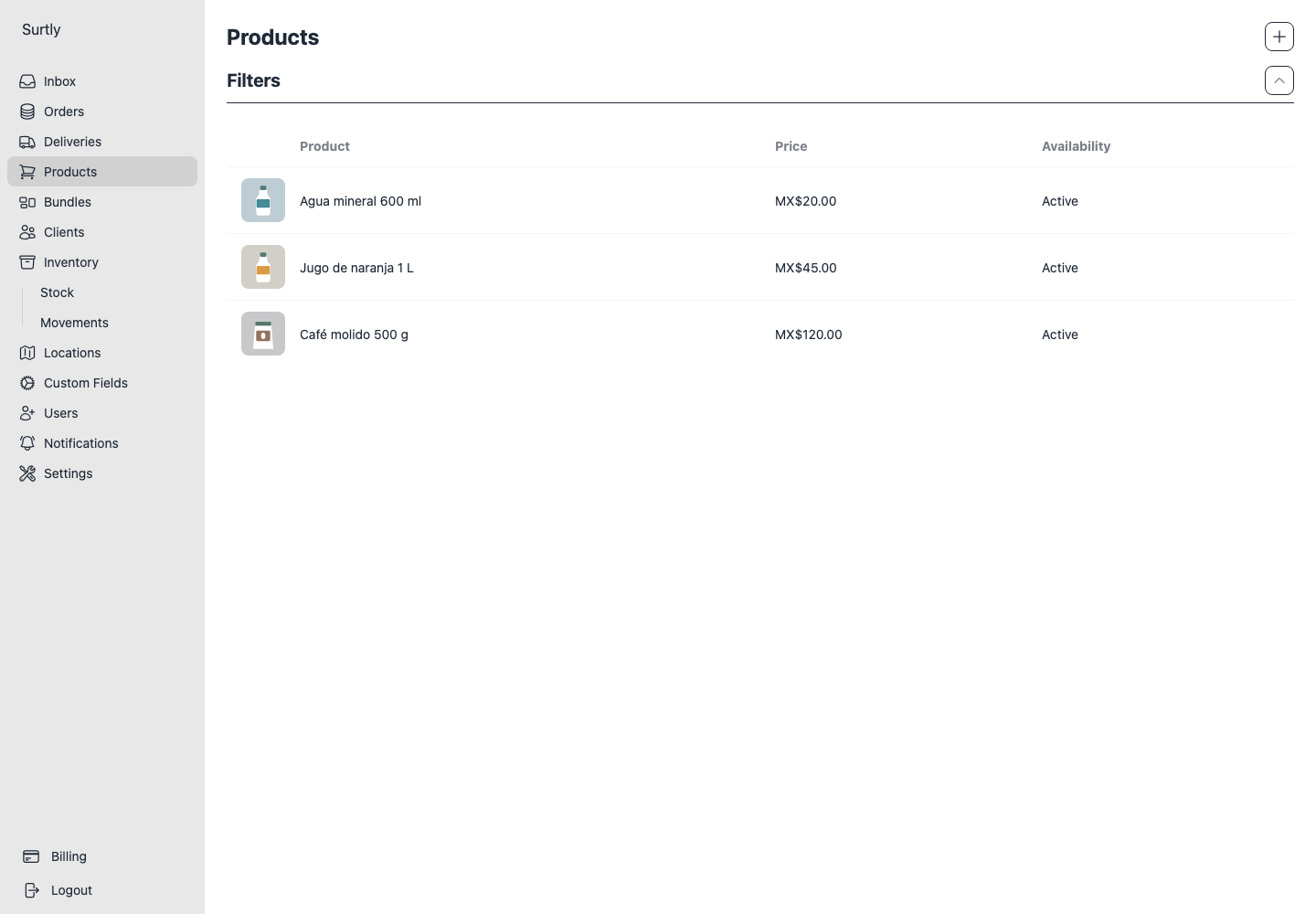 Catálogo de productos ficticios con sus precios base