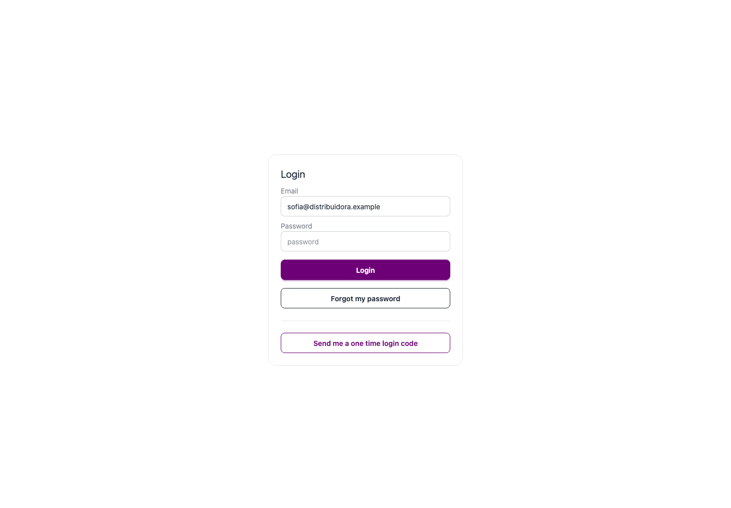 Página de acceso con contraseña, recuperación y código de un solo uso